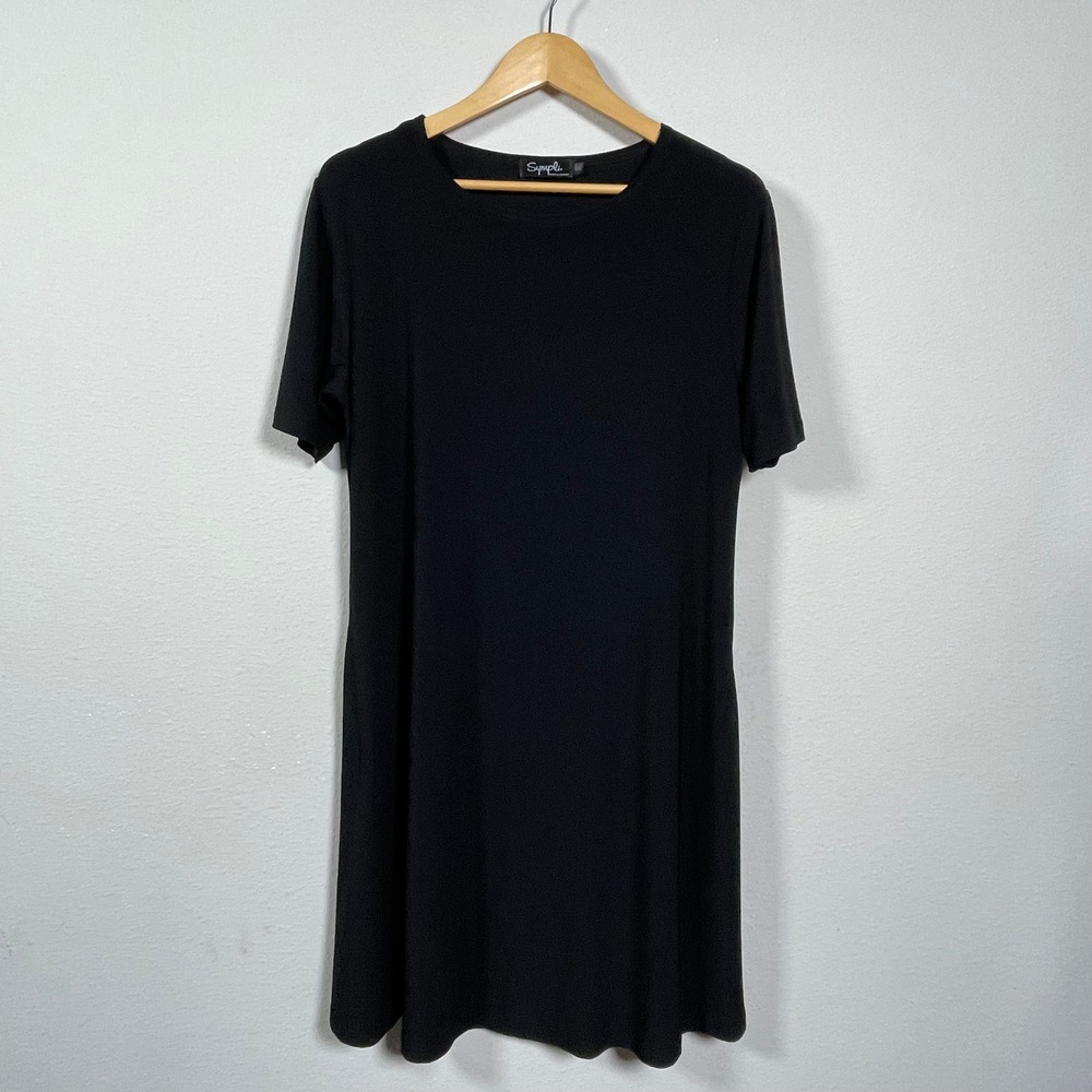 Sympli Go-To T-Shirt Dress Women 12 Black Matte Jersey Pocket A-Line Lagenlook